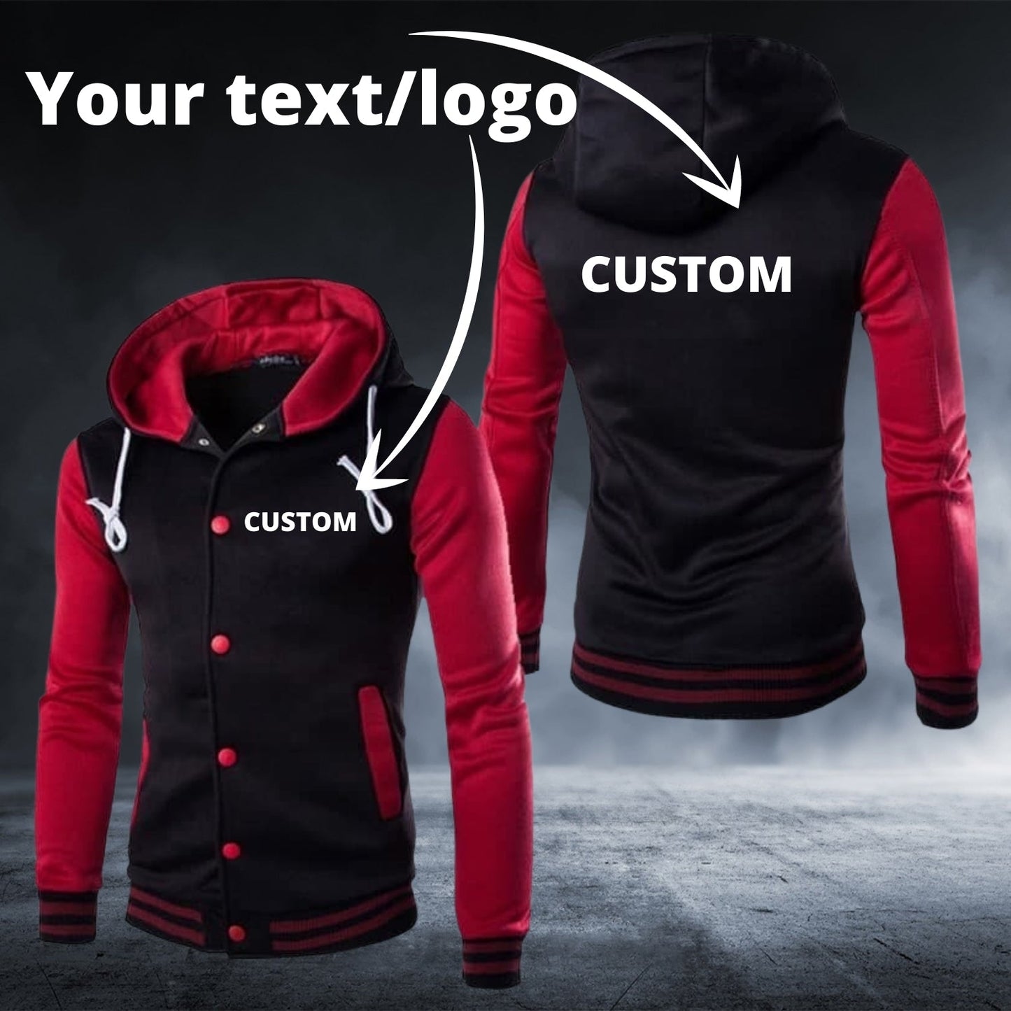 Personalized Custom Text/Logo Dark Red Long Sleeve Baseball Hoodie - Top Content | POD Collection | Free Shipping