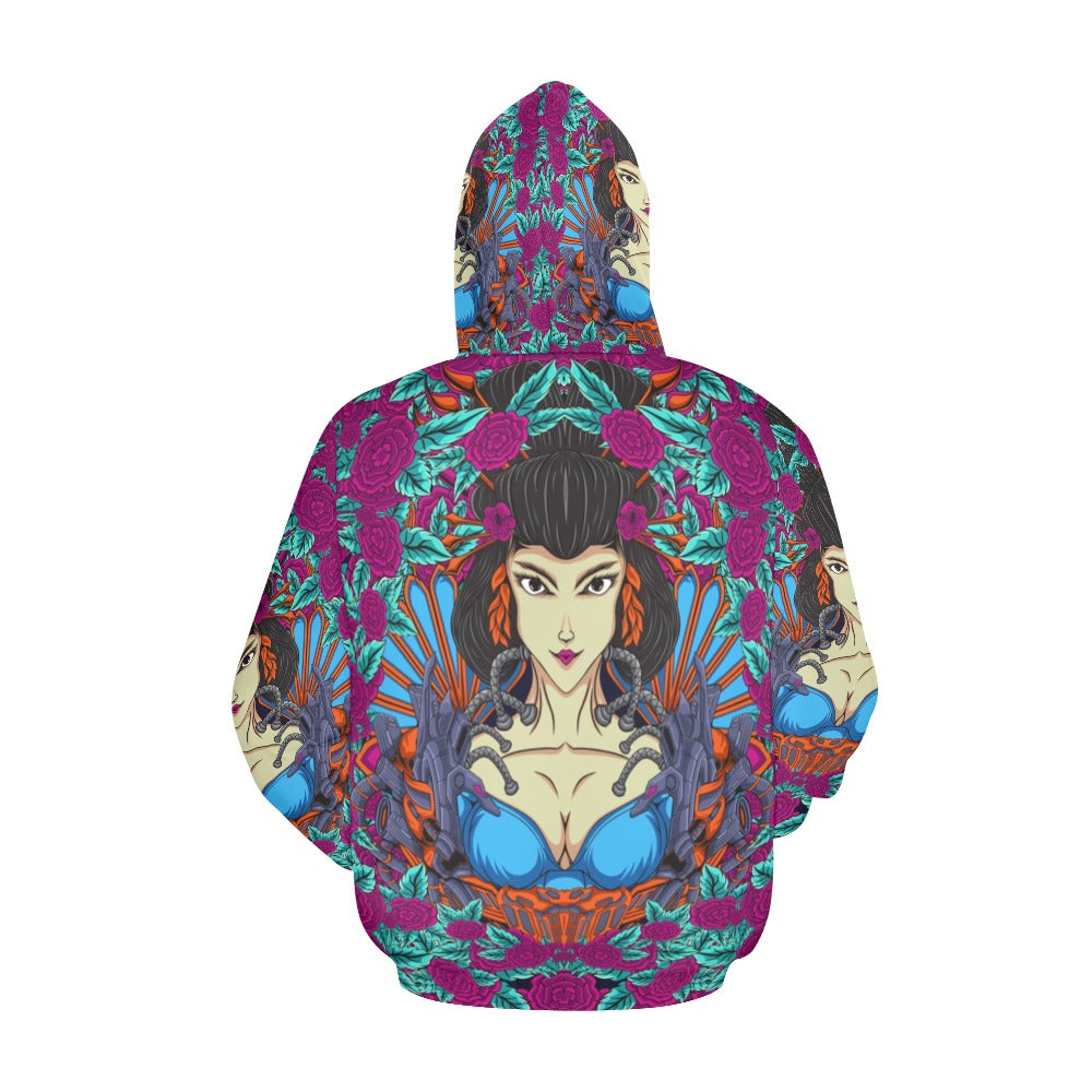 Japanese Geisha Woman Illustration With Flowers All Over Print Hoodie