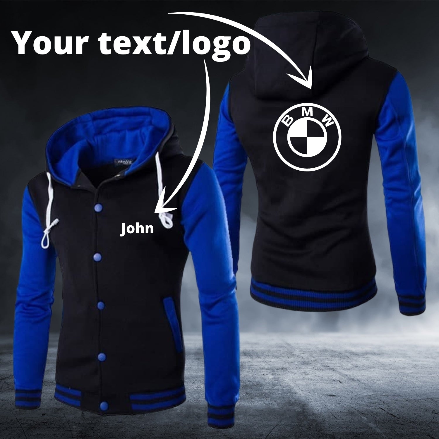 Personalized Custom Text/Logo Blue Long Sleeve Baseball Hoodie - Top Content | POD Collection | Free Shipping