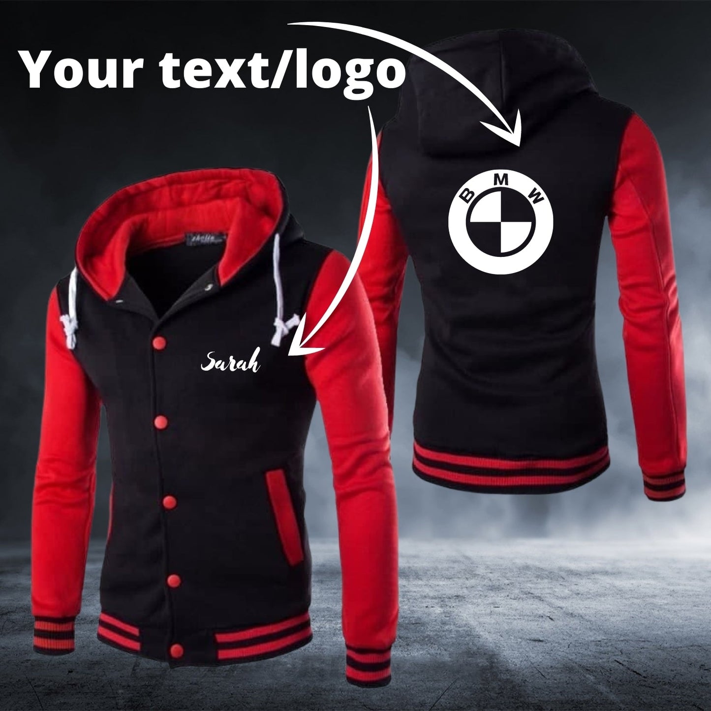 Personalized Custom Text/Logo Red Long Sleeve Baseball Hoodie - Top Content | POD Collection | Free Shipping