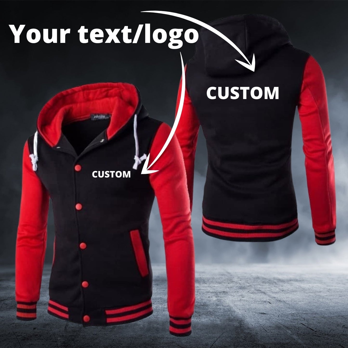 Personalized Custom Text/Logo Red Long Sleeve Baseball Hoodie - Top Content | POD Collection | Free Shipping