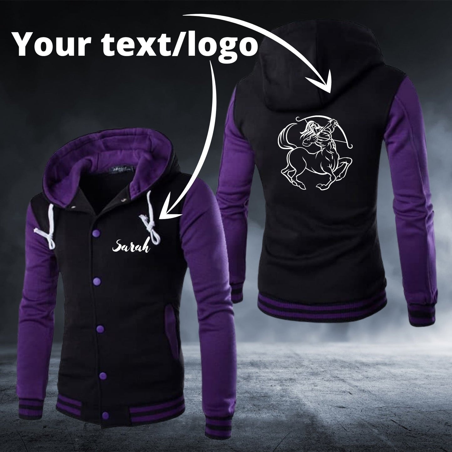 Personalized Custom Text/Logo Purple Long Sleeve Baseball Hoodie - Top Content | POD Collection | Free Shipping