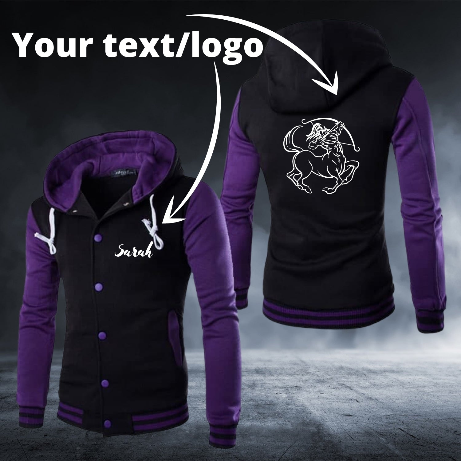 Personalized Custom Text/Logo Purple Long Sleeve Baseball Hoodie - Top Content | POD Collection | Free Shipping