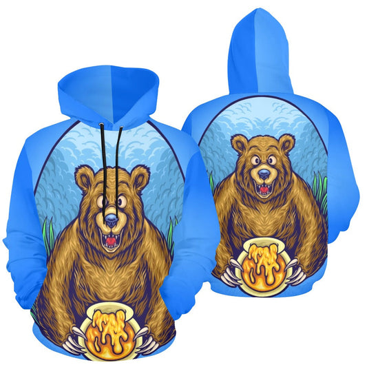 Grizzly Bear With Honey Bee Cartoon All Over Print Hoodie