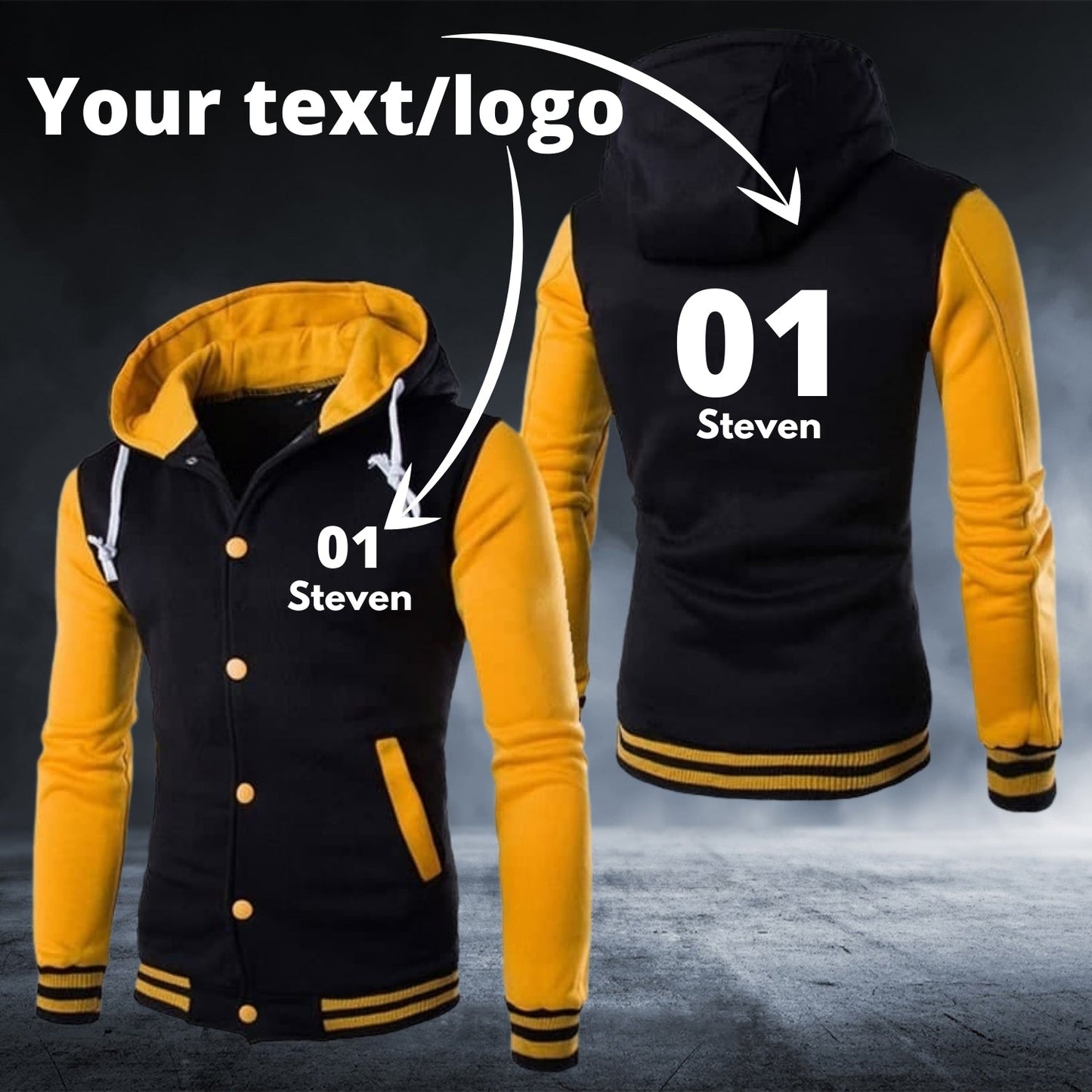 Personalised Custom Text/Logo Yellow Long Sleeve Baseball Hoodie - Top Content | POD Collection | Free Shipping