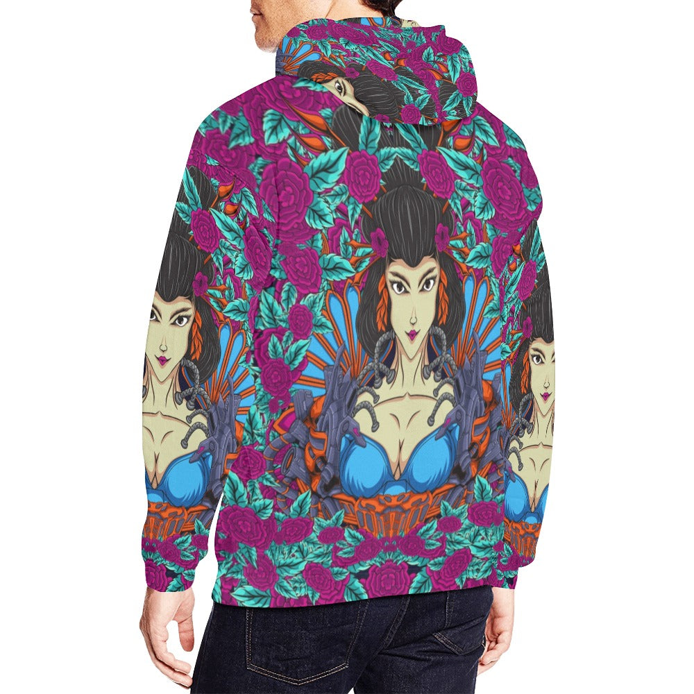 Japanese Geisha Woman Illustration With Flowers All Over Print Hoodie