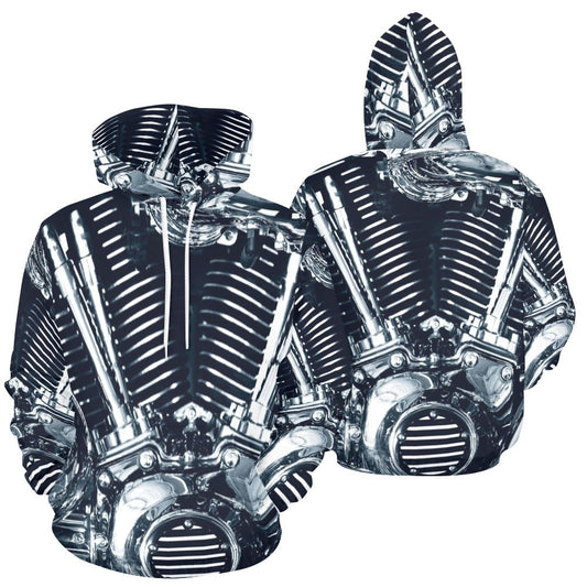 Chromium Plated V Type Motorbike Engine All Over Print Hoodie