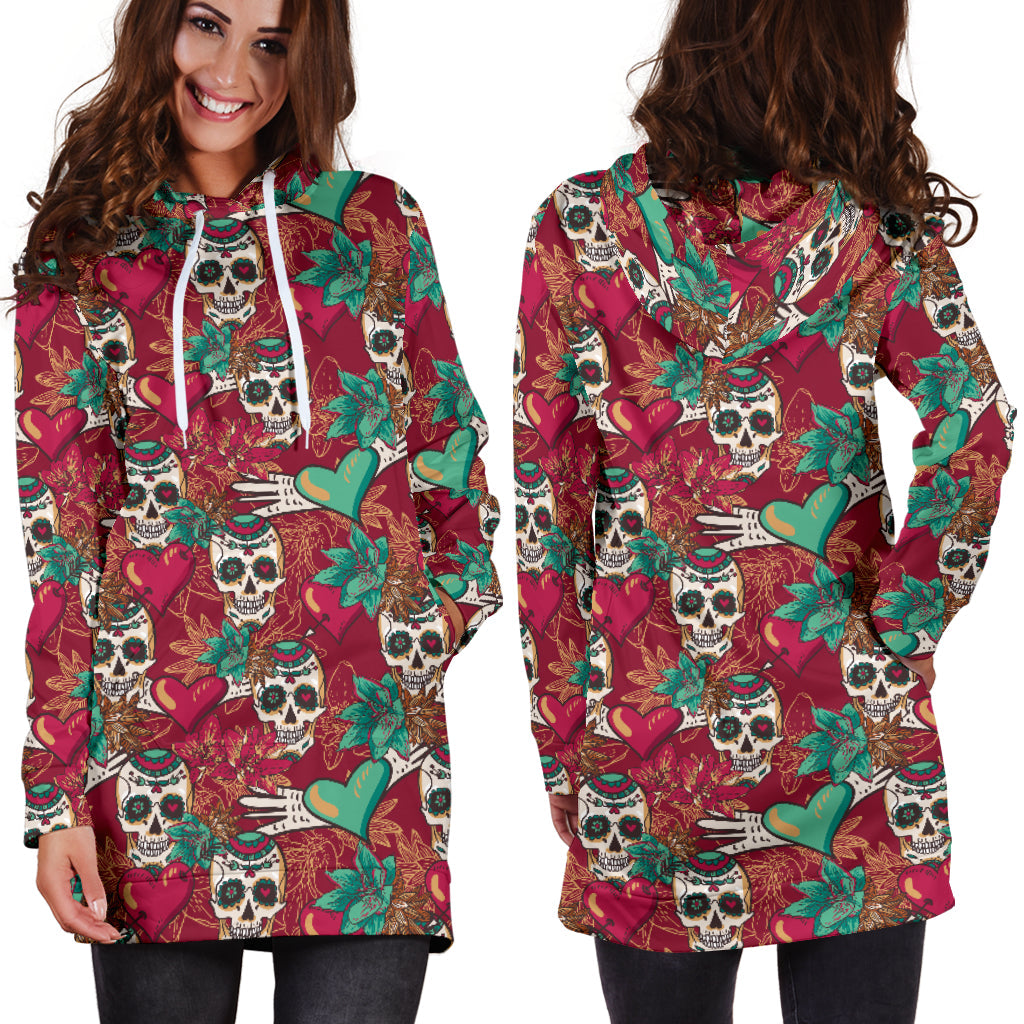 Red & Green Heart Skull Women's Hoodie Dress