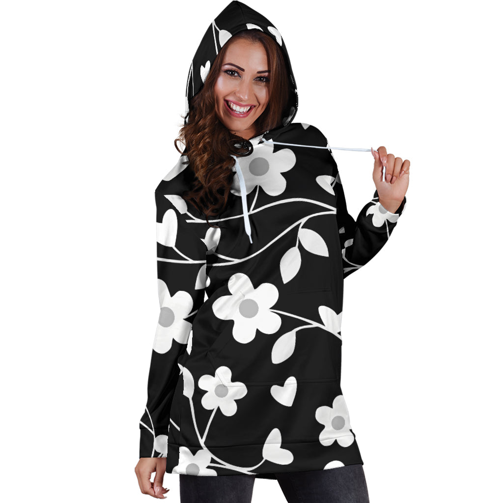 Neutral Floral Black White and Gray Hoodie Dress