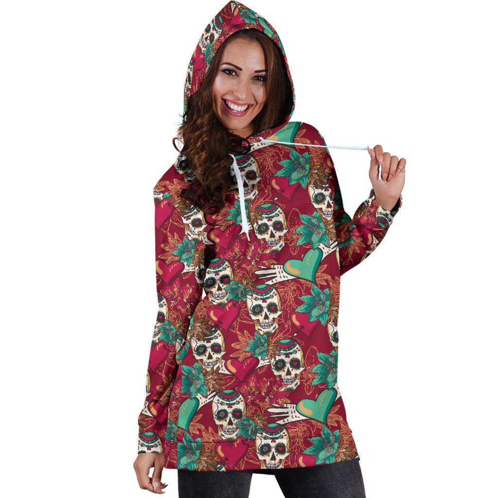 Red & Green Heart Skull Women's Hoodie Dress