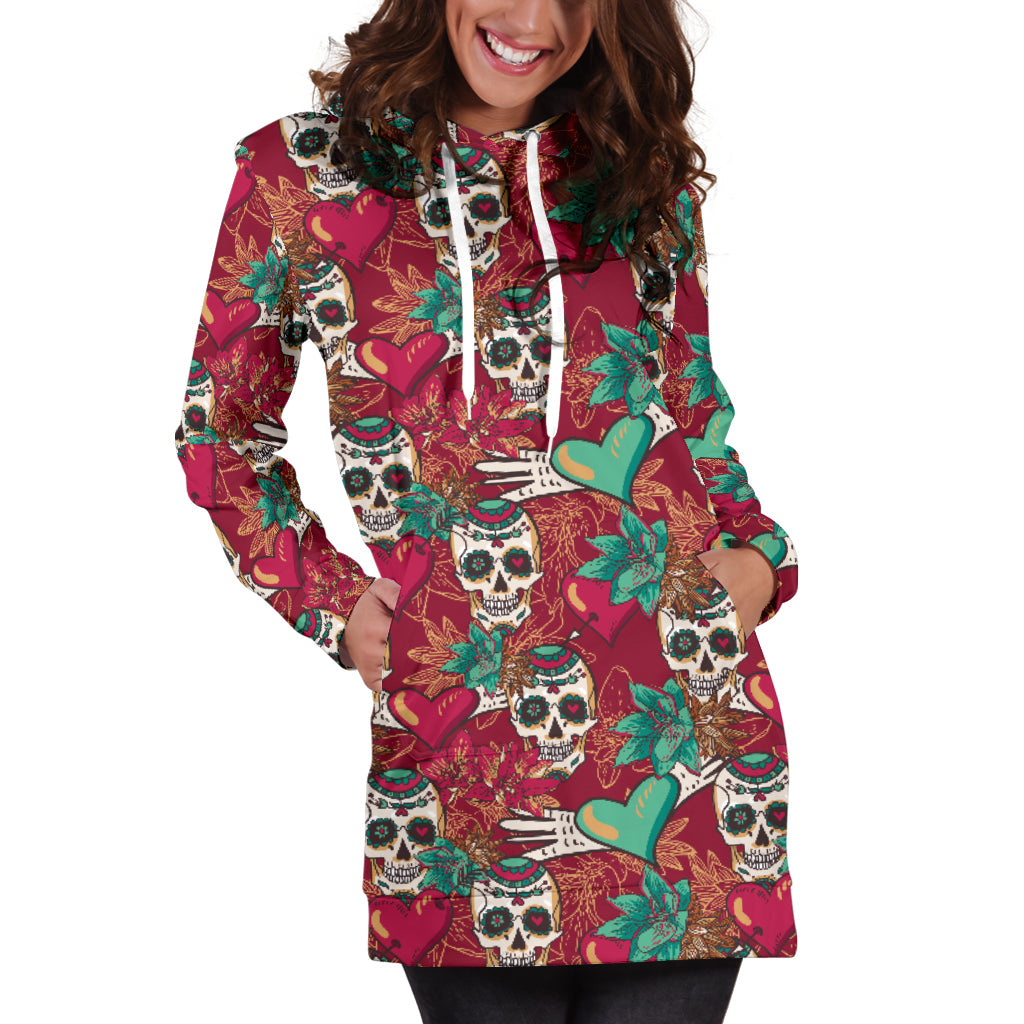 Red & Green Heart Skull Women's Hoodie Dress